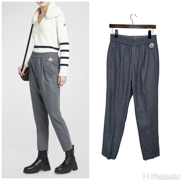 Moncler Pants - NEW Moncler Logo Patch Track Pants Gray Wool Blend Size 42 / Small
